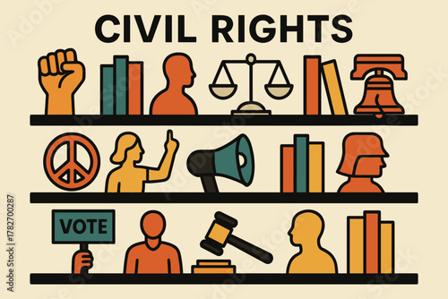 Symbolic illustration of civil rights movement concepts and historical elements on shelves