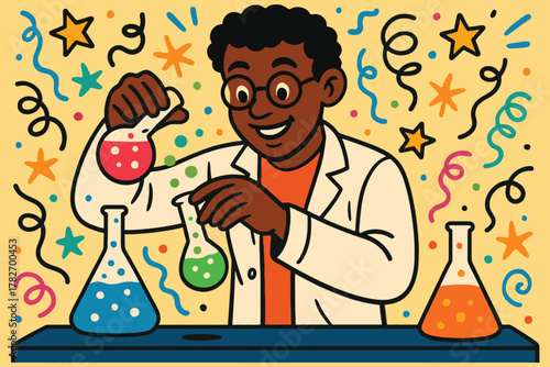Joyful young black boy in lab coat conducts colorful science experiment with bubbling flasks and confetti