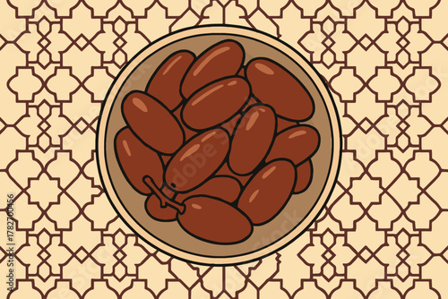 A bowl of ripe dates arranged in a circular pattern on a decorative geometric background