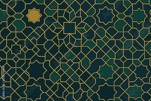 Intricate islamic geometric pattern with gold lines on a dark green background