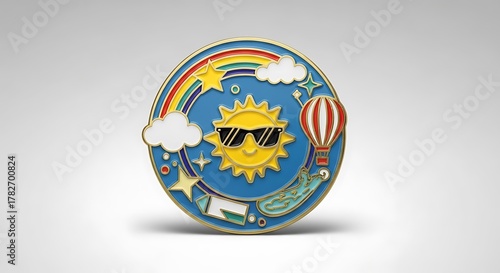 Round enamel pin badge featuring a smiling sun wearing sunglasses, a rainbow, clouds, stars, and a hot air balloon