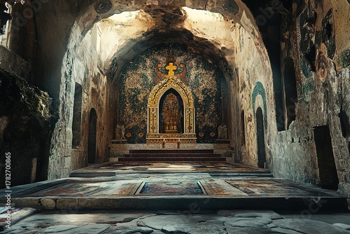 ancient temple resting inside a castle keep with intricate mosaics