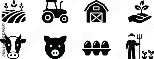 Farm agriculture icon set with tractor barn farmer cow pig chicken eggs seedlings crop field in simple flat silhouette emblem style vector illustration