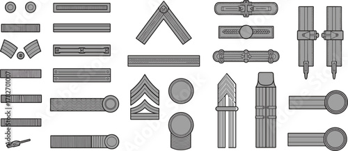 epaulettes and military rank insignia, garment shoulder strap designs, uniform decoration templates, technical fashion vector sketches, sewing pattern details
