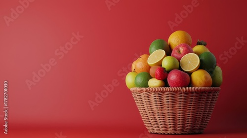 Fototapeta Naklejka Na Ścianę i Meble -  Wicker basket overflowing with assorted fresh fruits on red background