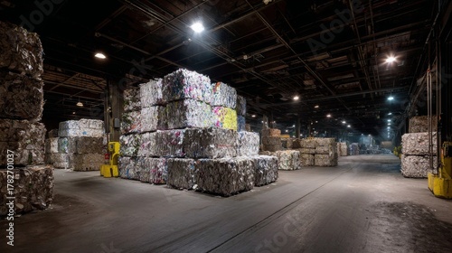 Stacks of compressed paper bales at a recycling plant, ready to be transformed into new products, showcasing industrial recycling