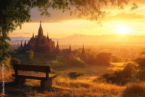 castle and temple bathed in the warm light of a setting sun over rolling hills