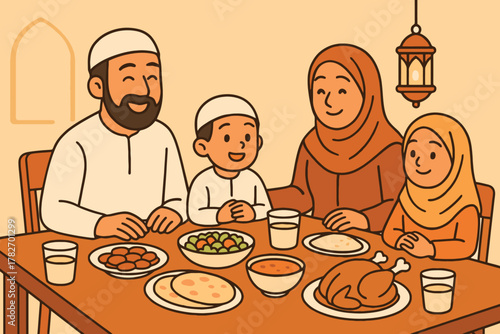 Happy muslim family enjoying a delicious meal together at a table
