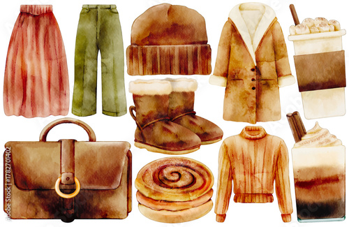 Watercolor Autumn Cozy Clip Art Set Fashion Clothes Coat Sweater Ugg Boots Beanie Hat Satchel Bag Cinnamon Roll Coffee Latte Drink Illustration Hygge Fall Winter Apparel