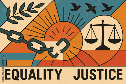 Symbolic illustration of broken chains scales of justice and rising sun representing freedom and equality