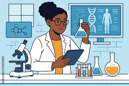 African american female scientist in lab coat examines flask with dna and human anatomy on computer screen