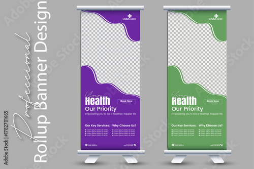 Corporate health rollup banner design template, creative modern roll up banner design colour variation with mock-up
