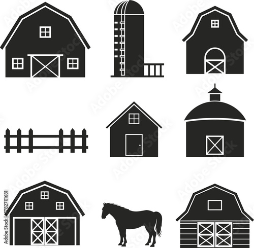 Farm Icons in Black and White – Vector Set of Barns, Silo, Fence, Shed, and Horse Silhouette for Agriculture, Design, and Education