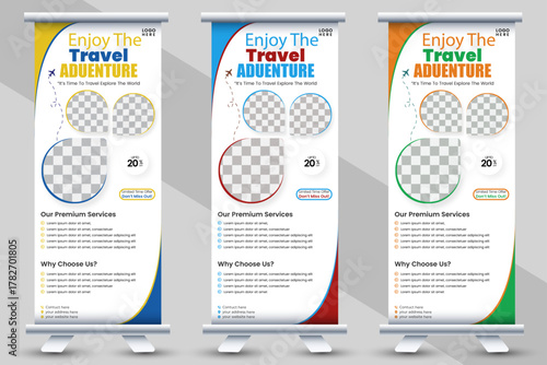 modern colour variation travel roll up banner design, promotional DL flyer or rack card design for holiday tour package, vacation deals, adventure travel, tourism services & travel agencies