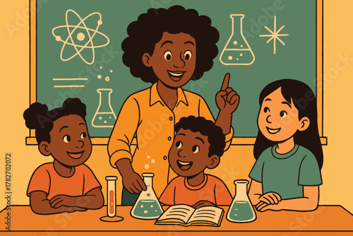 Diverse group of children learning science with a teacher in a classroom setting