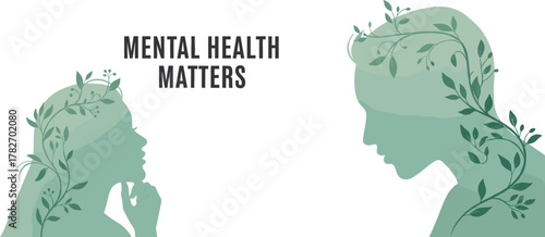 Mental health matters icon vector—green leafy head silhouettes with bold text for wellness, support, and advocacy compositions