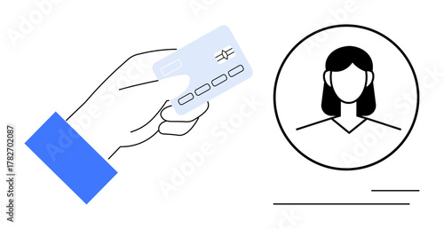 Hand holding debit card, circular portrait of a woman with lines indicating verification. Ideal for finance, authentication, digital identity, secure access, online payment, user data, compliance