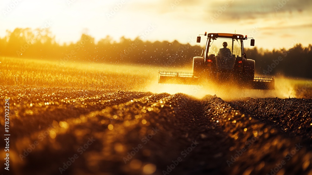 Fototapeta premium Tractor plowing field at sunset, preparing land for sowing, agriculture industry