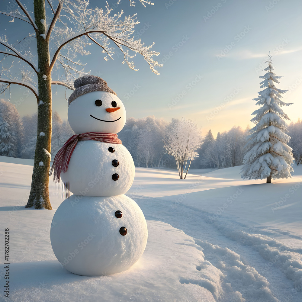 Fototapeta premium snowy landscape with snowman