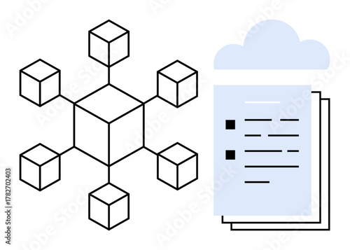 Block diagram of interconnected cubes linked to digital document stack under a cloud icon. Ideal for blockchain, cloud technology, data sharing, decentralization, file storage, tech synergy, simple