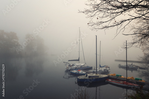 Tranquil Foggy Lake with Sailboats and Autumn Branches and Trees, Poland