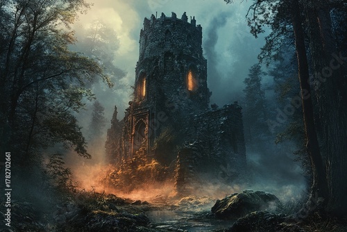 castle and temple ruins engulfed by glowing magical mist in a forest clearing