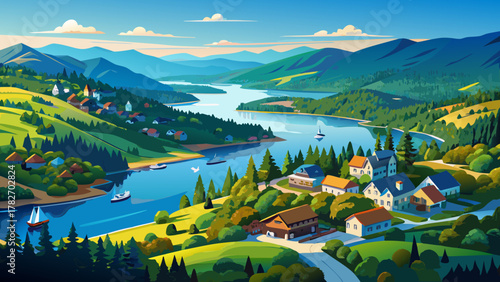 Very beautiful panoramic aerial view of Deep Creek Lake in McHenry, Maryland, USA, featuring calm blue water, forested hills, shoreline homes, and a serene realistic mountain-lake landscape under brig