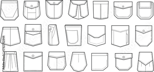 fashion pockets, garment pocket template collection, technical clothing sketches, sewing patterns, vector fashion design elements, apparel construction illustration set