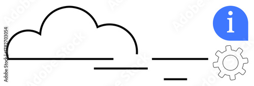 Cloud outline with settings cogwheel and information marker, representing data management, technology use, support, optimization. Ideal for tech, IT, data, service cloud infrastructure simple flat