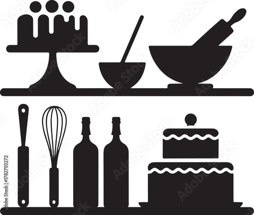 Bakery Shelf Silhouette Icons Set 2 Cake Whisk Bowl Rolling Pin Minimal Design