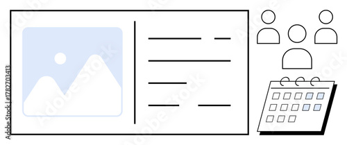 Calendar with marked dates, list of agenda items, group of people, and placeholder image. Ideal for project planning, team scheduling, event management, collaboration, time tracking productivity