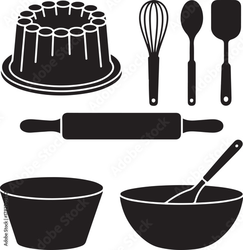 Baking Station Silhouette Icons Set Cake Mold Rolling Pin Whisk Spoon Bowl Minimal Design
