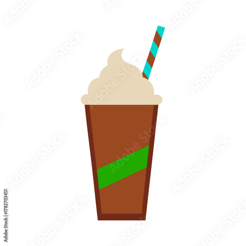 Brown iced coffee drink with whipped cream and striped straw