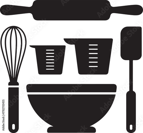 Baking Essentials Silhouette Icons Set Whisk Rolling Pin Bowl Spatula Measuring Cups Minimal Design