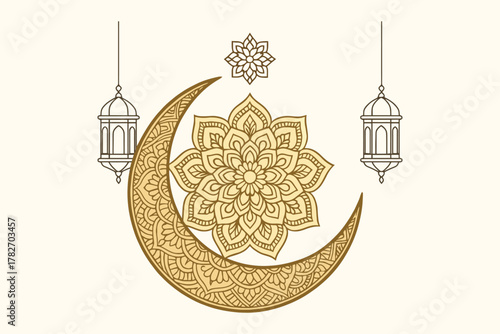 Golden islamic crescent moon with intricate mandala and traditional lanterns on a light background
