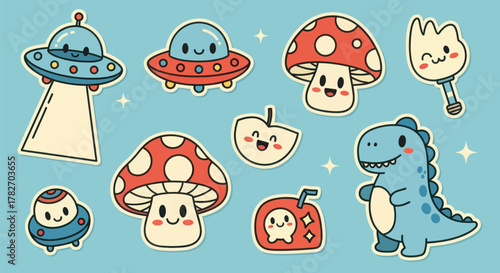 Adorable retro cartoon sticker set for kids featuring a dinosaur, mushroom, and spaceship