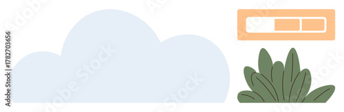 Blue cloud with a progress bar in orange box symbolizing progress and lush green plants representing growth. Ideal for technology, environment, growth, productivity, development, cloud computing