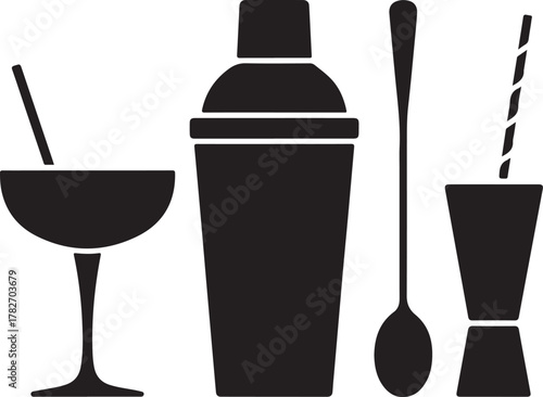 Bar Drink Tools Silhouette Icons Set Glass Shaker Spoon Straw Minimal Design