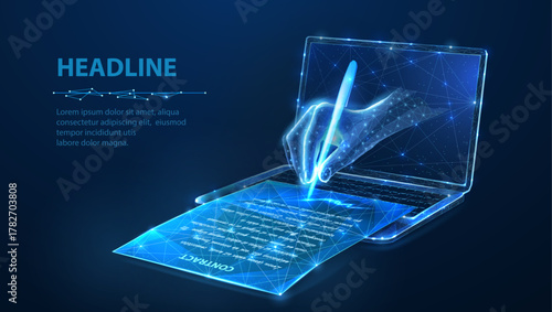 Digital hand with pan sign a document and laptop. Digital signature, E-contract, Sign document, Online approval, Virtual agreement, Report deal, Certificate application, Smart bank, technology concept