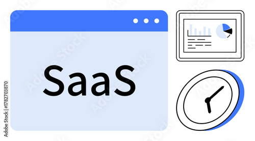 Browser window with SaaS text, data analytics chart, and clock icon. Ideal for software, business tools, productivity, time tracking, cloud services workflow and marketing. Simple flat metaphor