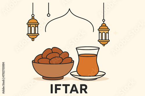 Traditional iftar meal with dates and tea under ramadan lanterns and mosque arch