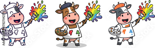 Cute cartoon cow artist painting colorful rainbow splash with brush, adorable farm animal painter character, creative illustration design