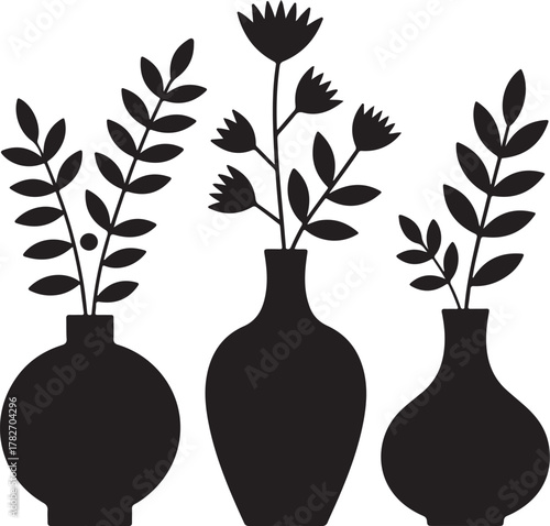 Boho Scandinavian Vases and Wall Hangings Silhouette Icons Set Minimal Design