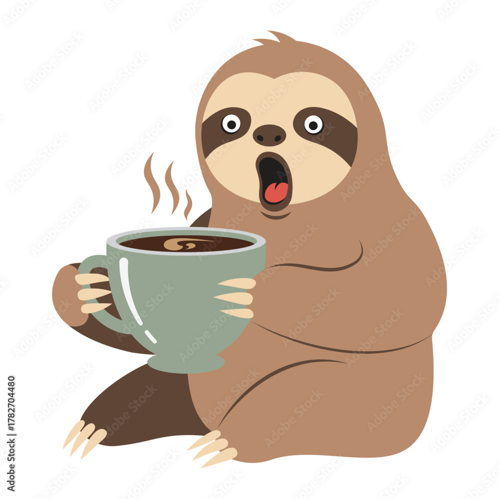 Naklejka premium Funny Flat Design Sloth Drinking Coffee with Shocked Exaggerated Face