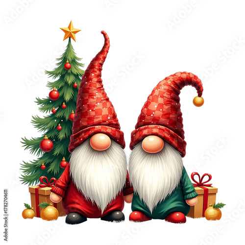 Two cute Christmas gnomes in red hats standing by decorated Christmas tree with gifts and ornaments, festive holiday illustration for cozy winter cards and cheerful seasonal art