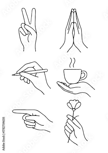 Minimalist Black And White hands Gestures and Actions Logos, human Poses Line art Collection. Illustration pointing at something Outline, Hand Drawn Doodle Simple icons drawing