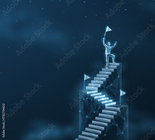 Man on the top of ladder. Digital success, succeed path, accomplish mission, digital transformation, career ladder growth, technology solutions, business development, future vision concept.

