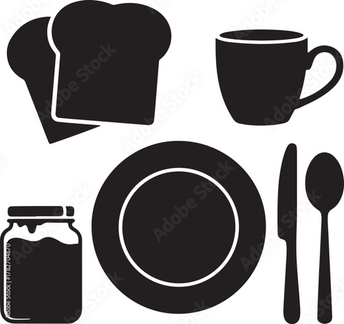 Breakfast Nook Silhouette Icons Set Plate Cup Toast Knife Jam Jar Spoon Minimal Design