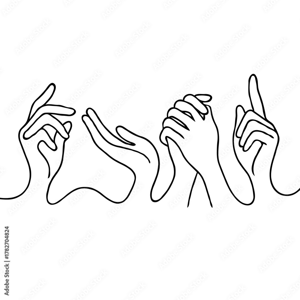 Obraz premium Minimalist Black And White hands Gestures and Actions Logos, human Poses Line art Collection. Illustration pointing at something Outline, Hand Drawn Doodle Simple icons drawing