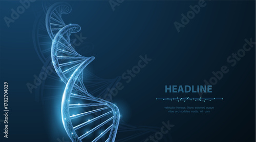 DNA. Abstract 3d polygonal wireframe DNA molecule helix spiral on blue. Medical science, genetic biotechnology, chemistry biology, gene cell concept vector illustration or background

